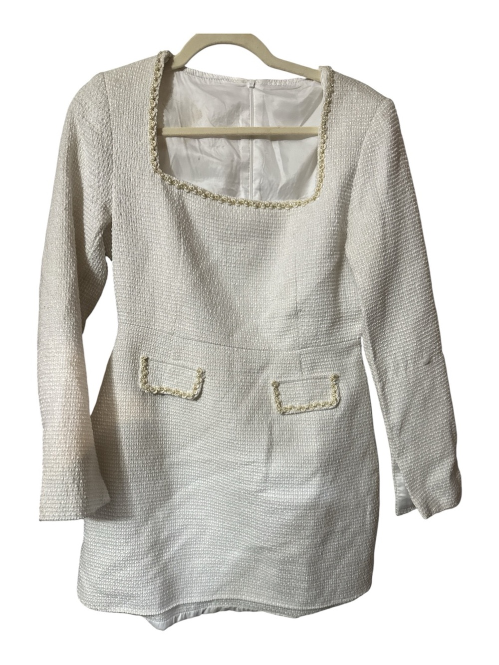 Classic Cream Bouclé Long-Sleeve Dress with Square Neckline